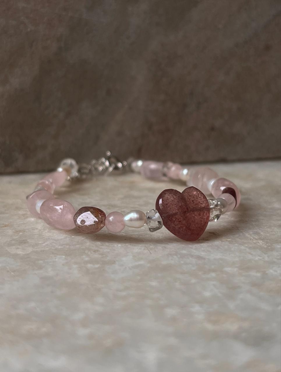 Lovers Dream- Strawberry Quartz Heart, Rose Quartz, Clear Quartz & Pearl Crystal 925 Sterling Silver Bracelet