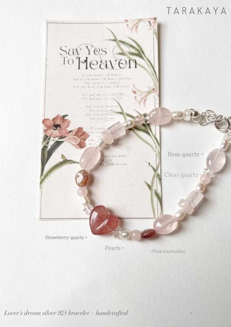 Lovers Dream- Strawberry Quartz Heart, Rose Quartz, Clear Quartz & Pearl Crystal 925 Sterling Silver Bracelet