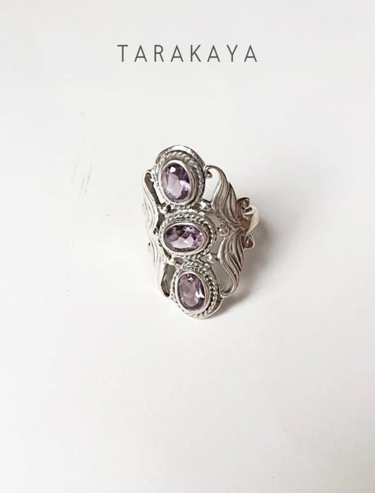 Amethyst 3 Stone Statement 925 Sterling Silver Ring