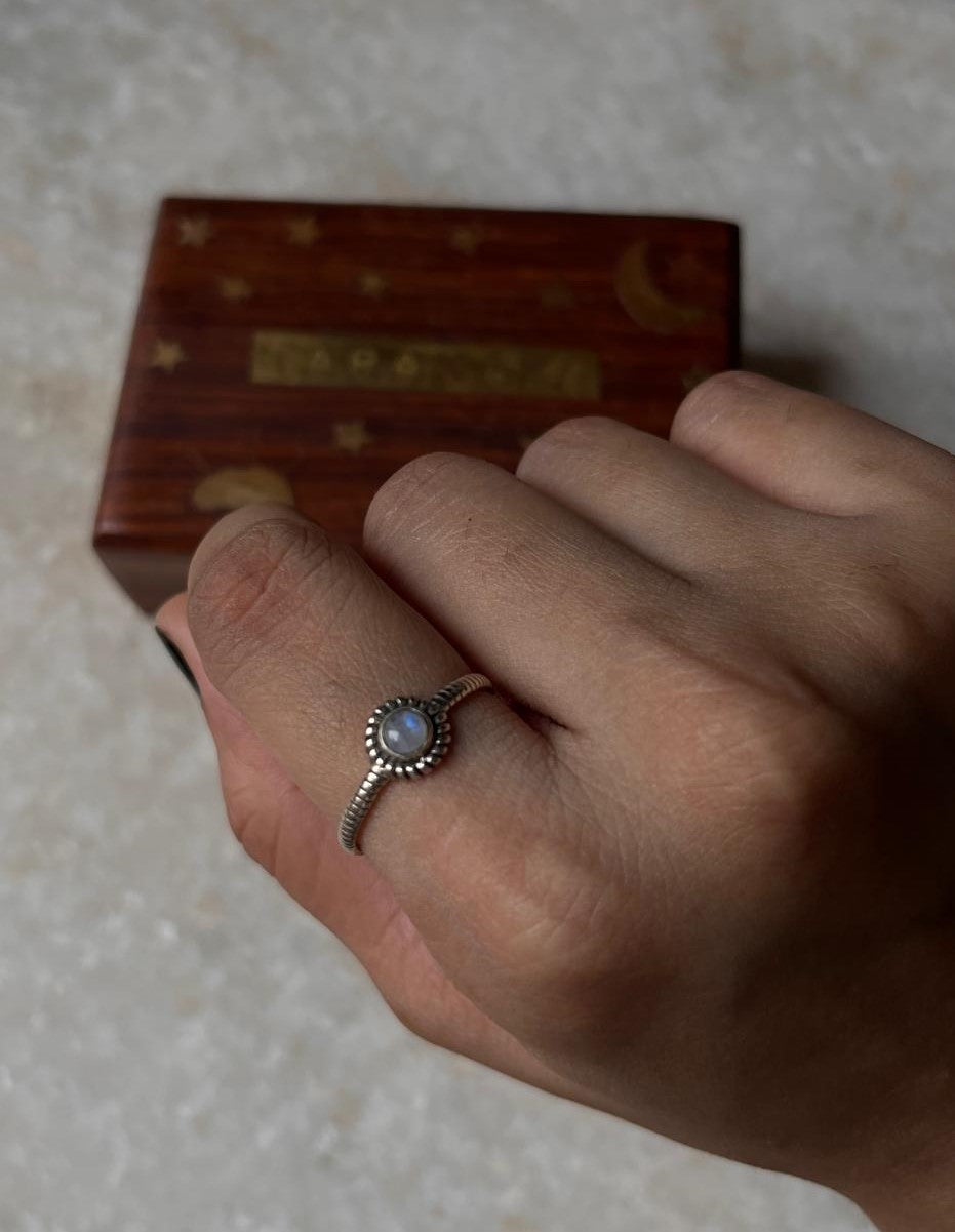 Moonstone Round Boho Stackable 925 Sterling Silver Ring