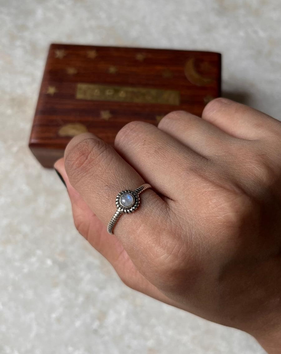 Moonstone Round Boho Stackable 925 Sterling Silver Ring