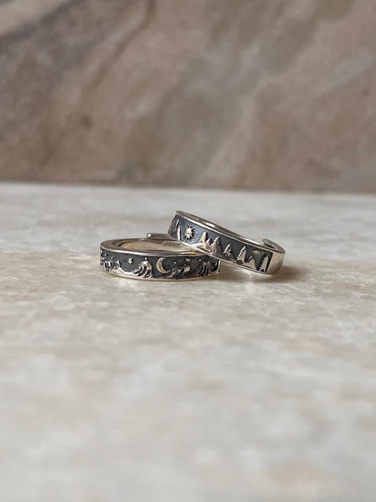 Couple Adjustable - Waves - Moon- Stars  & Mountain- Pine tree- Sun 925 Sterling Silver Ring