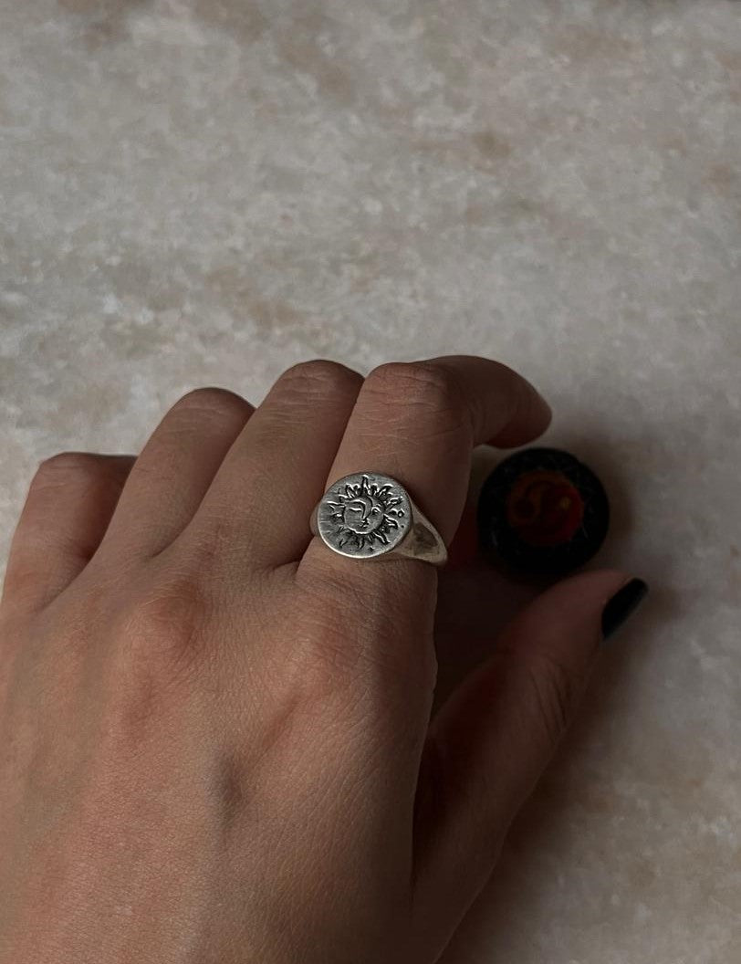 Sun Moon Engraved Signet 925 Sterling Silver Ring