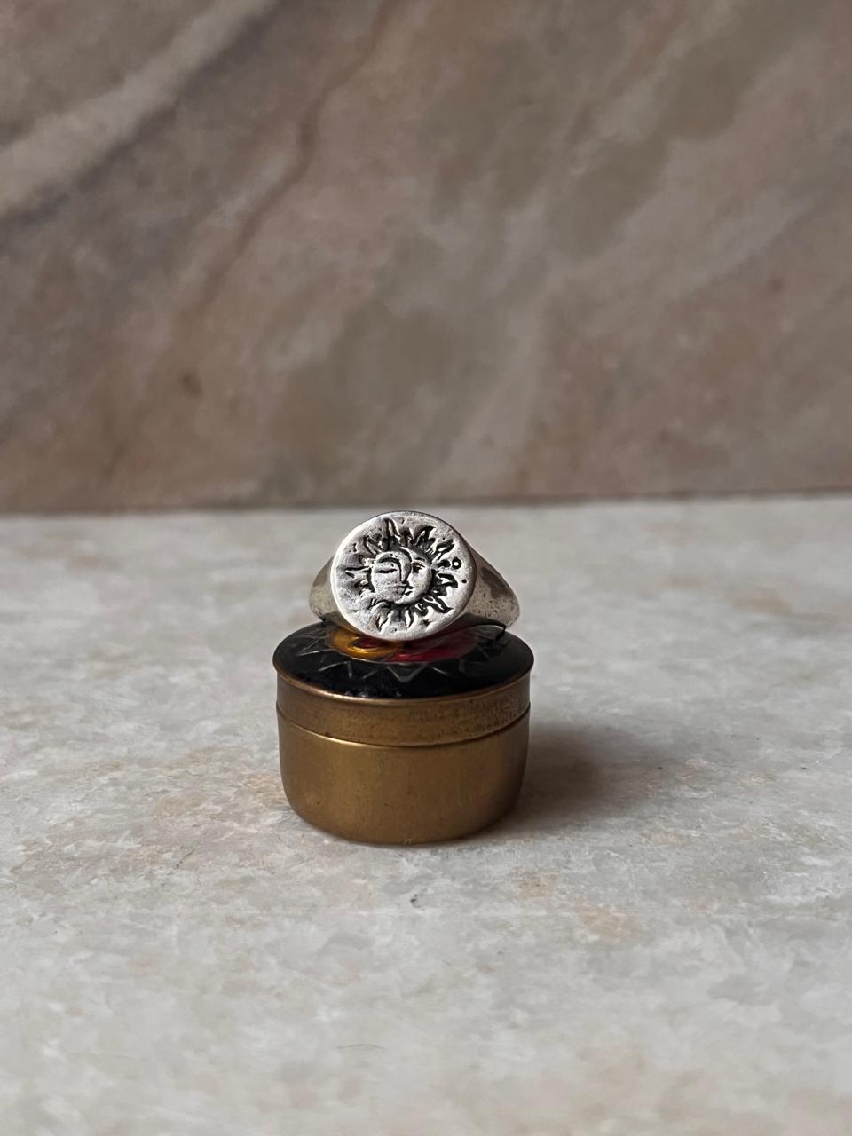 Sun Moon Engraved Signet 925 Sterling Silver Ring