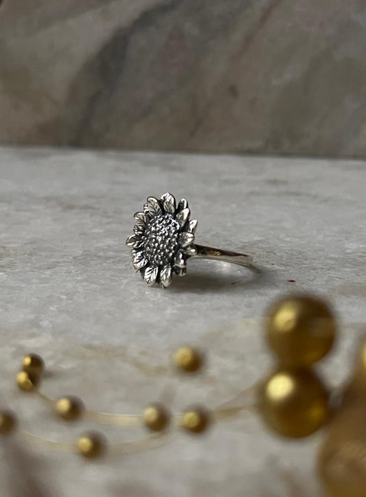 Big Sunflower Detailed 925 Sterling Silver Ring