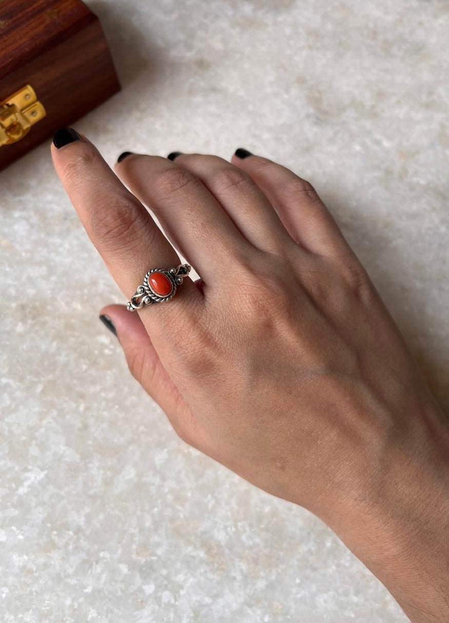 Natural Coral Boho Oval 925 Sterling Silver Ring