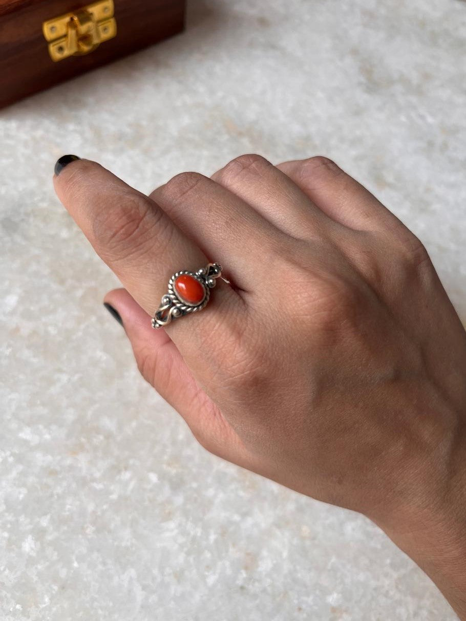 Natural Coral Boho Oval 925 Sterling Silver Ring