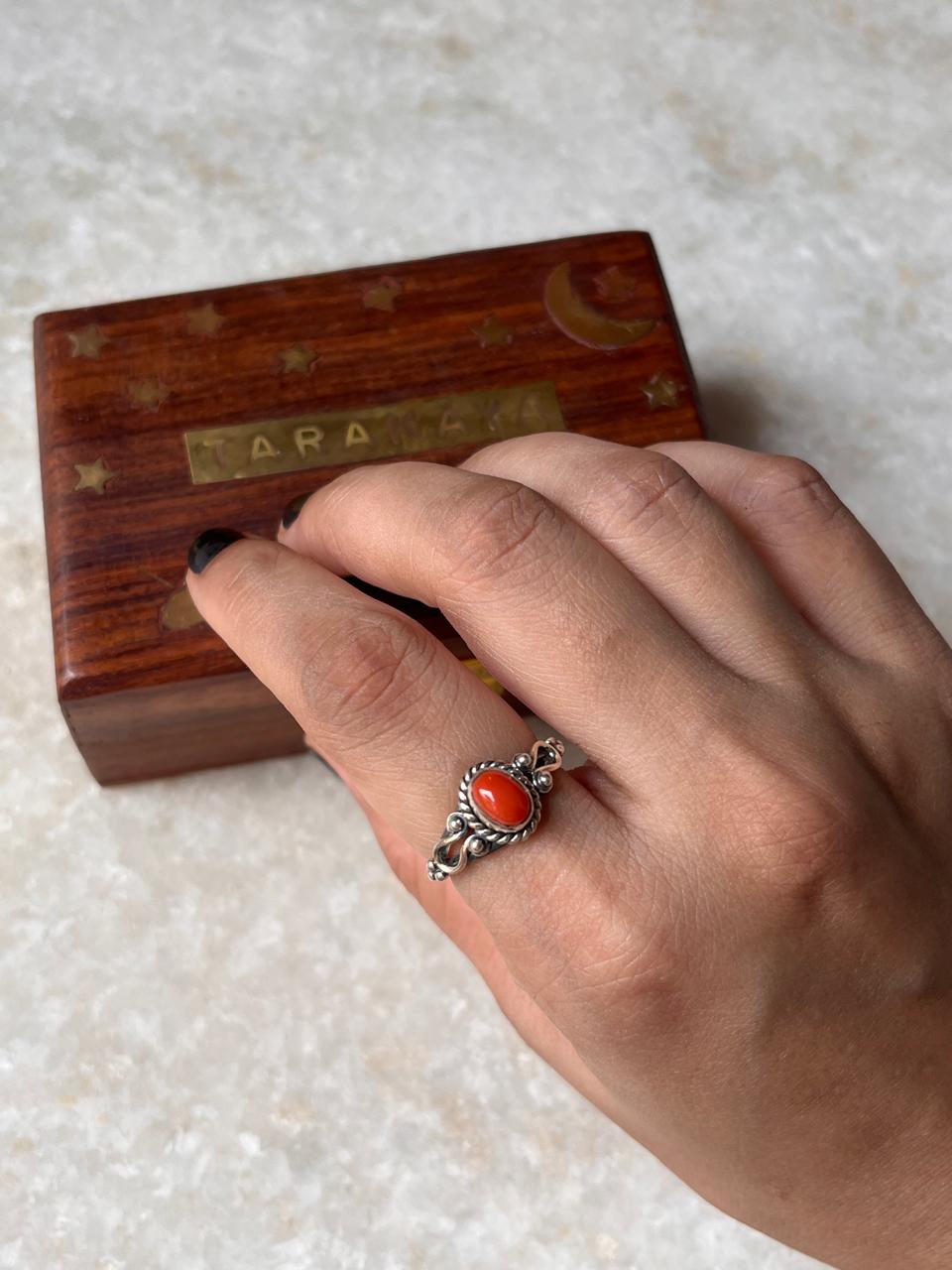 Natural Coral Boho Oval 925 Sterling Silver Ring