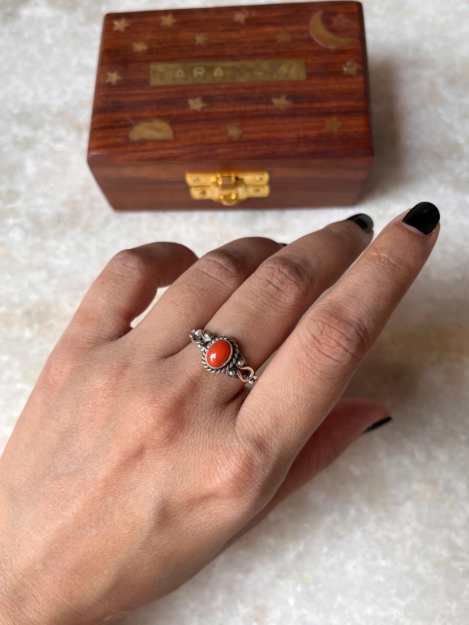 Natural Coral Boho Oval 925 Sterling Silver Ring