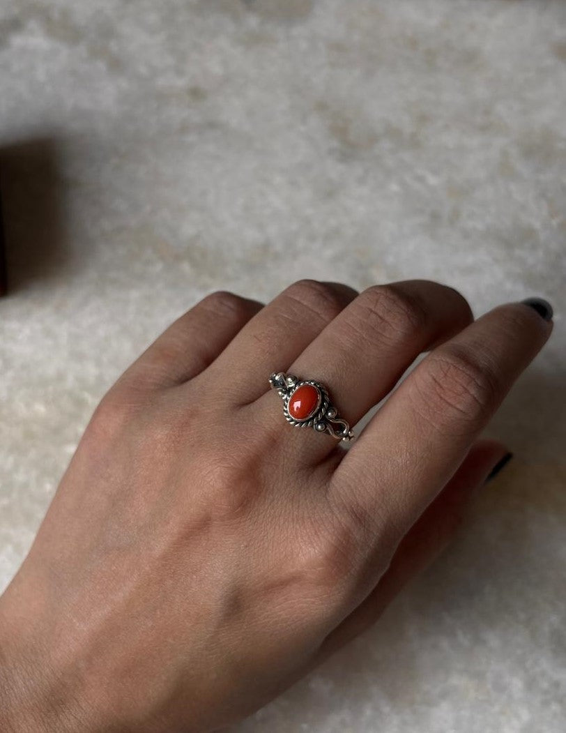 Natural Coral Boho Oval 925 Sterling Silver Ring