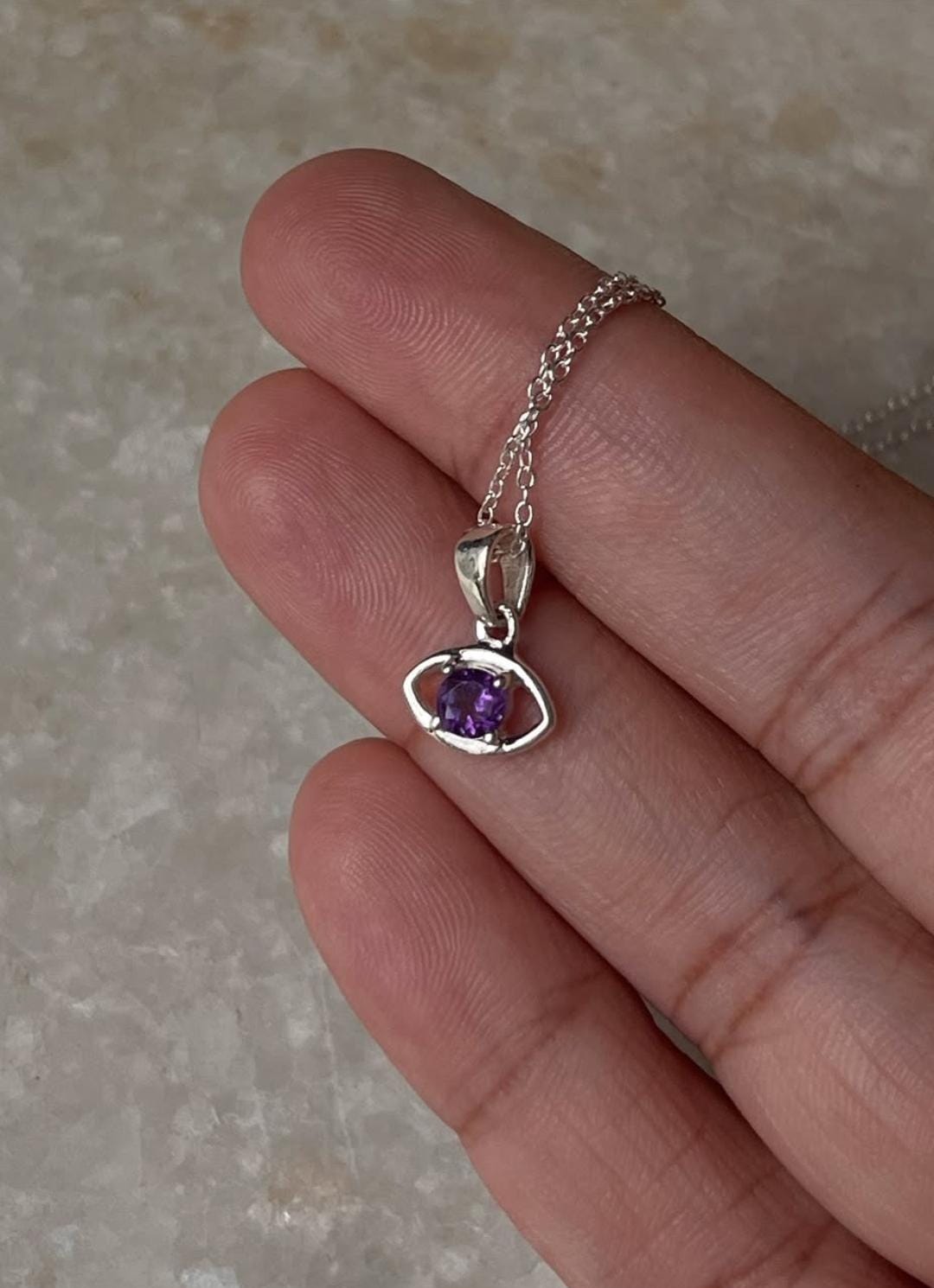 Amethyst Tiny Evil Eye 925 Sterling Silver Necklace