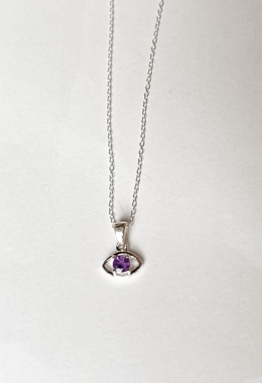 Amethyst Tiny Evil Eye 925 Sterling Silver Necklace