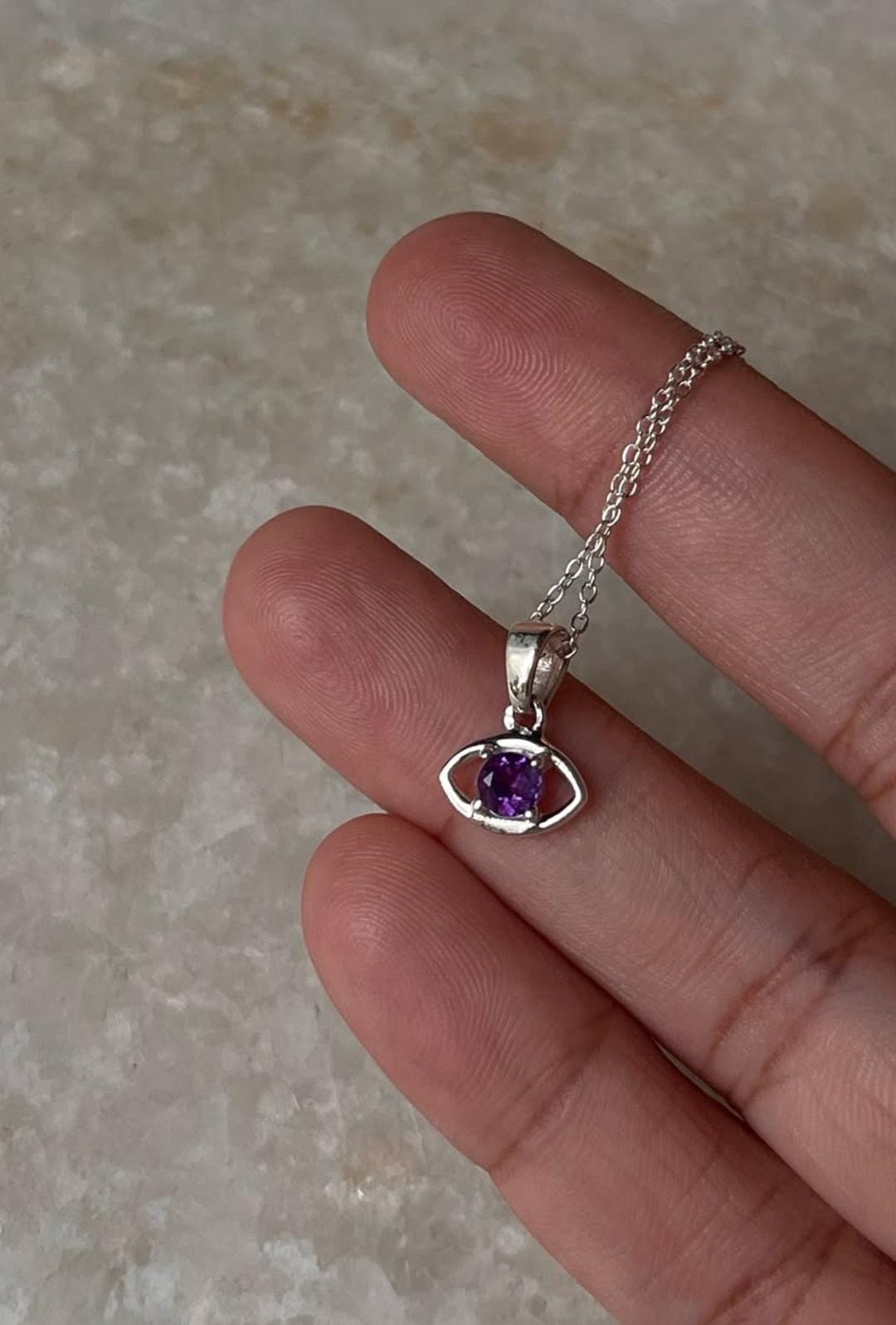 Amethyst Tiny Evil Eye 925 Sterling Silver Necklace