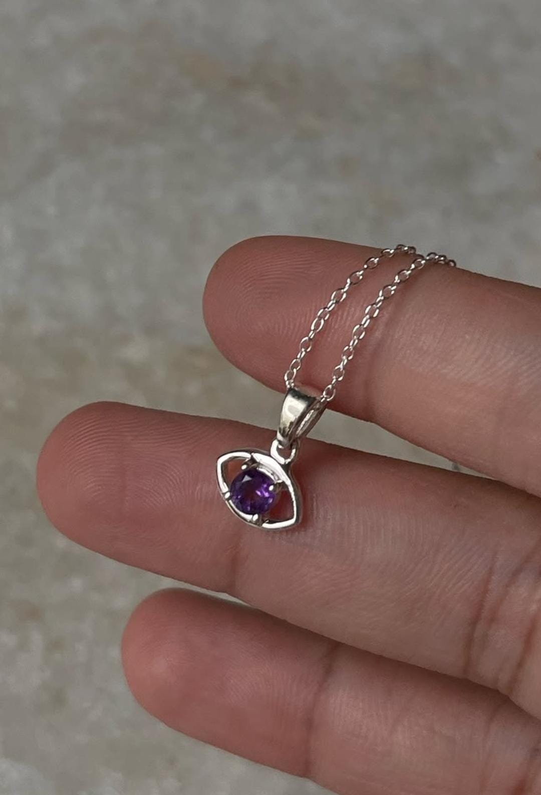 Amethyst Tiny Evil Eye 925 Sterling Silver Necklace