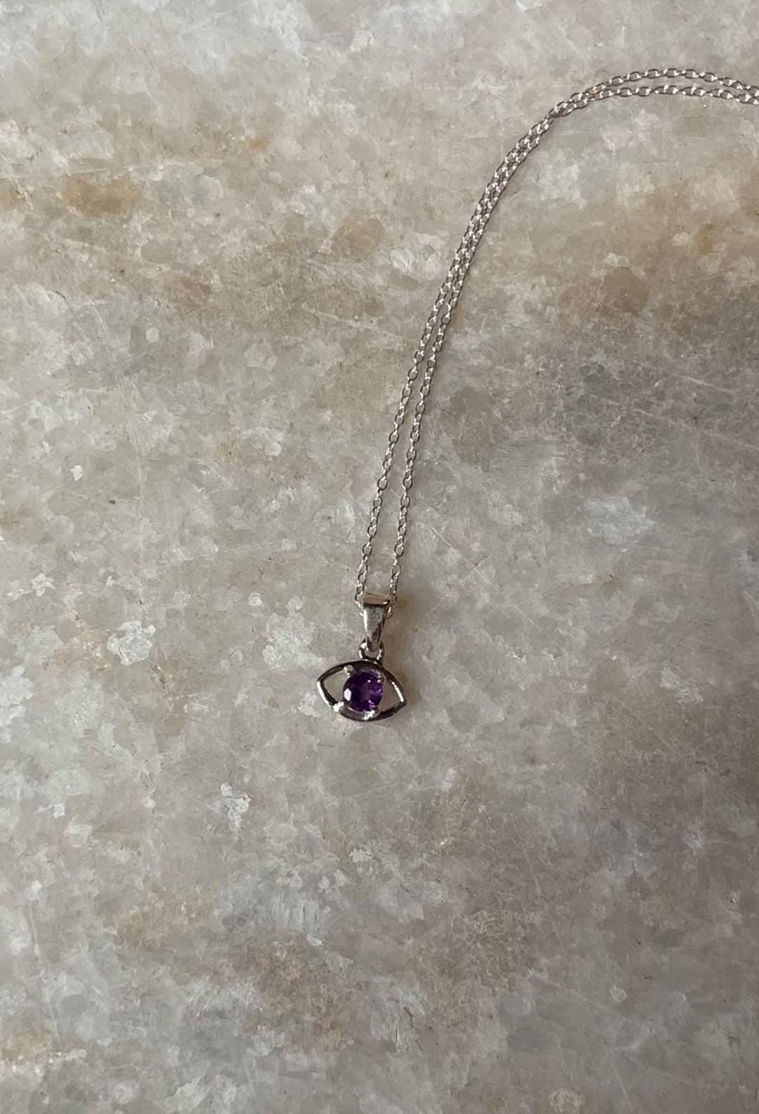 Amethyst Tiny Evil Eye 925 Sterling Silver Necklace