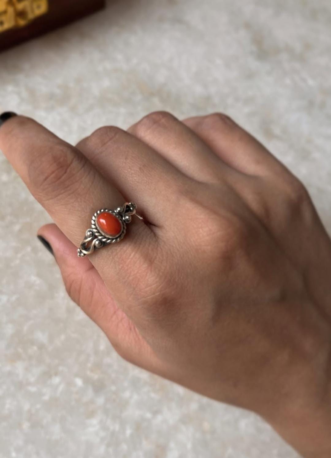 Natural Coral Boho Oval 925 Sterling Silver Ring