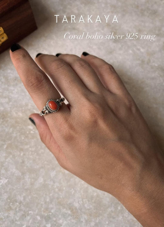 Natural Coral Boho Oval 925 Sterling Silver Ring