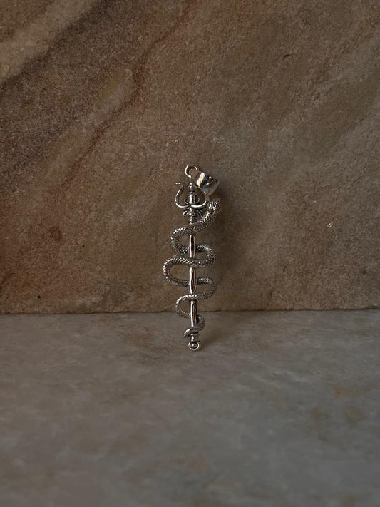 Handcrafted 925 Sterling Silver Trident Pendant with Serpent Motif