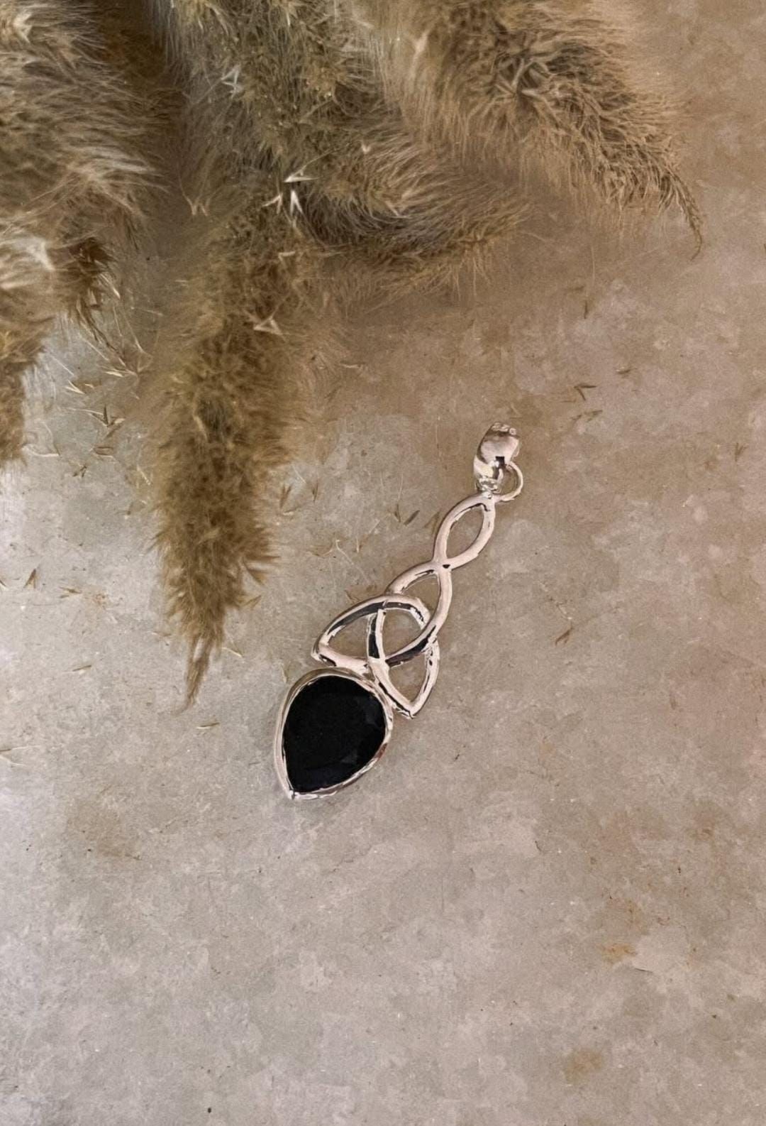 Unique Black Onyx Trinity Knot Pendant on Sterling Silver Setting