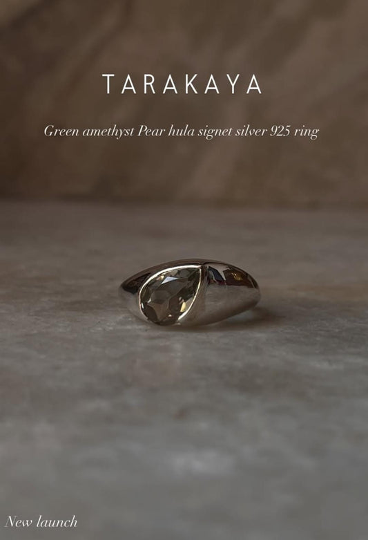 Green Amethyst Pear Hula Signet 925 Sterling Silver Ring  