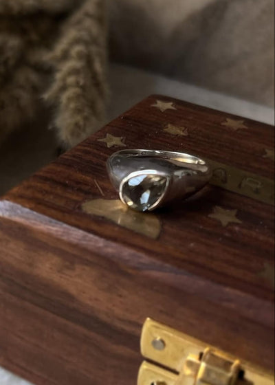 Stylish Green Amethyst Pear Shaped Signet Ring in 925 Sterling Silver  