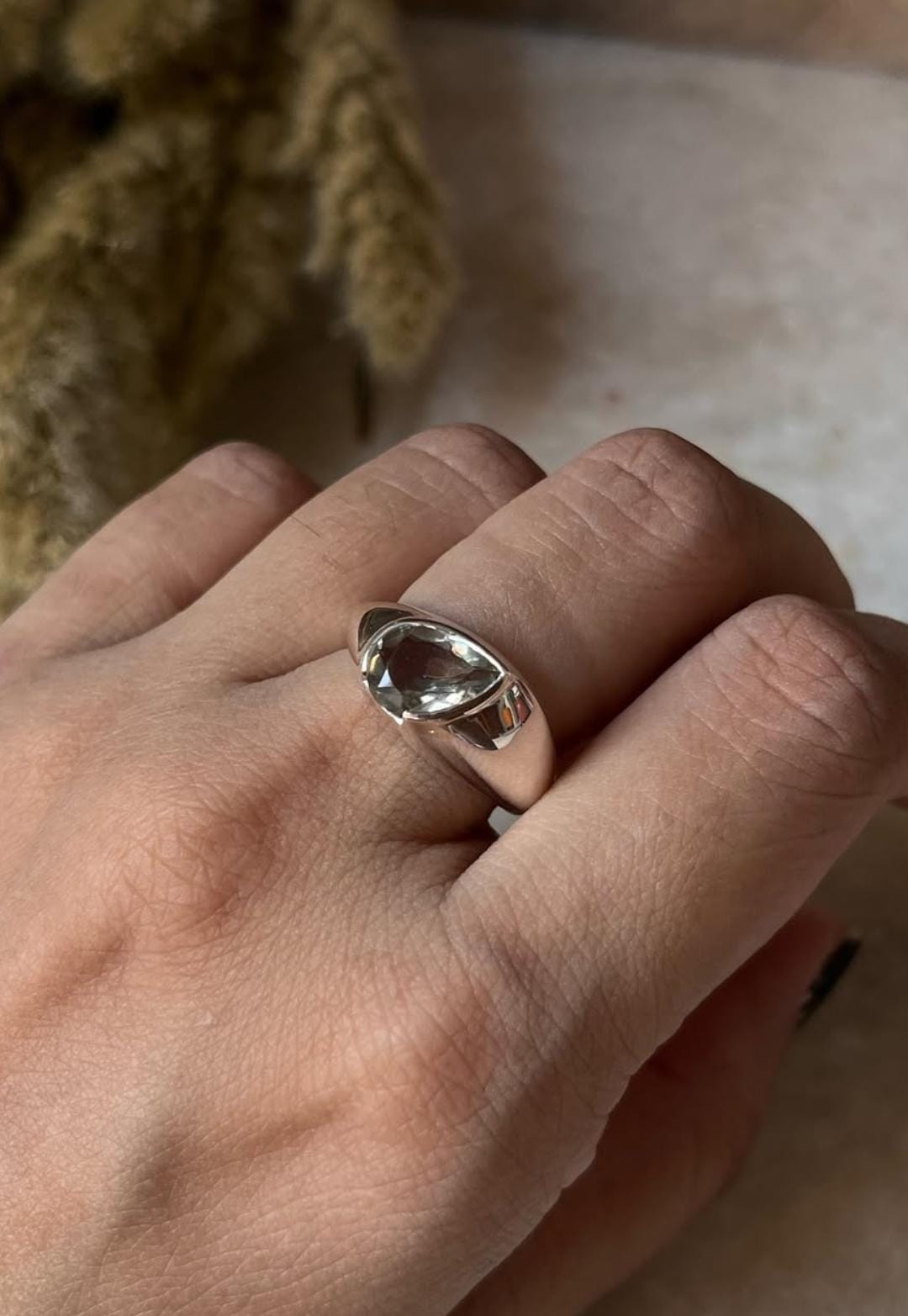Green Amethyst Hula Inspired Pear Signet Ring in Silver  