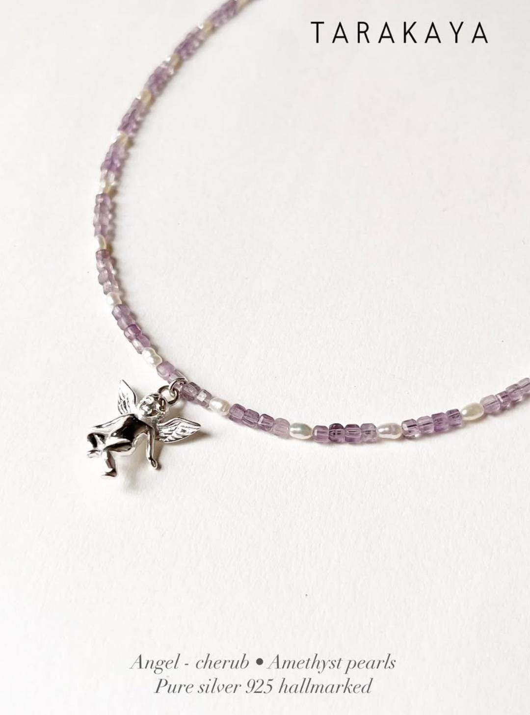 Amethyst & Fresh Water Rice Pearl Natural Crystal With Cherub Angel Charm 925 Sterling Silver Choker Necklace