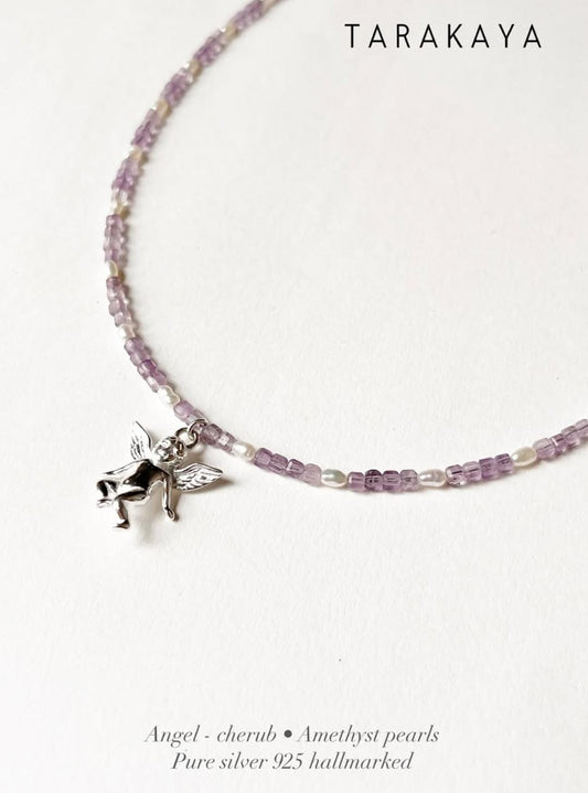 Amethyst & Fresh Water Rice Pearl Natural Crystal With Cherub Angel Charm 925 Sterling Silver Choker Necklace