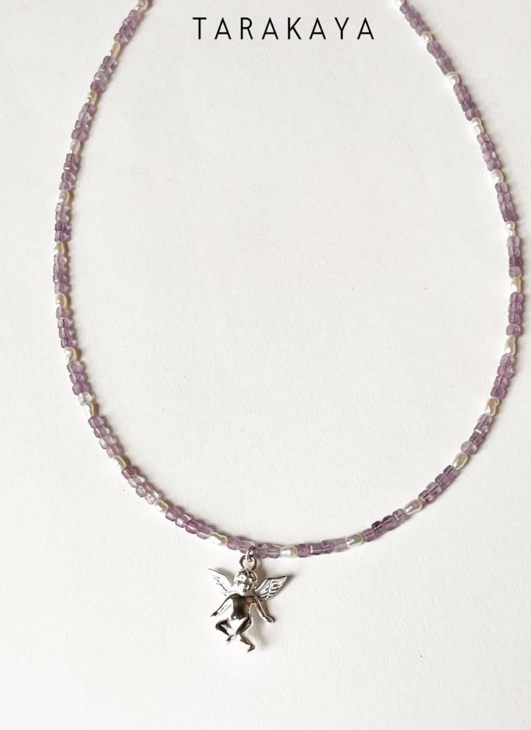 Amethyst & Fresh Water Rice Pearl Natural Crystal With Cherub Angel Charm 925 Sterling Silver Choker Necklace