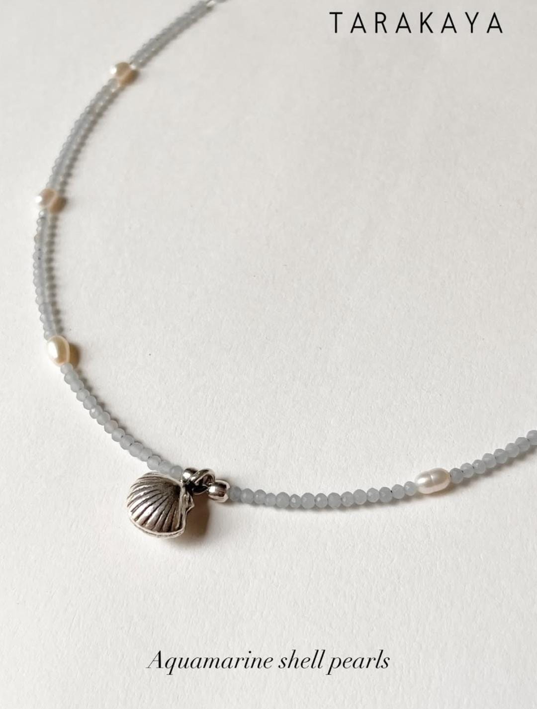 Aquamarine, Fresh Water Pearl & Silver Shell Charm 925 Sterling Silver Choker Necklace
