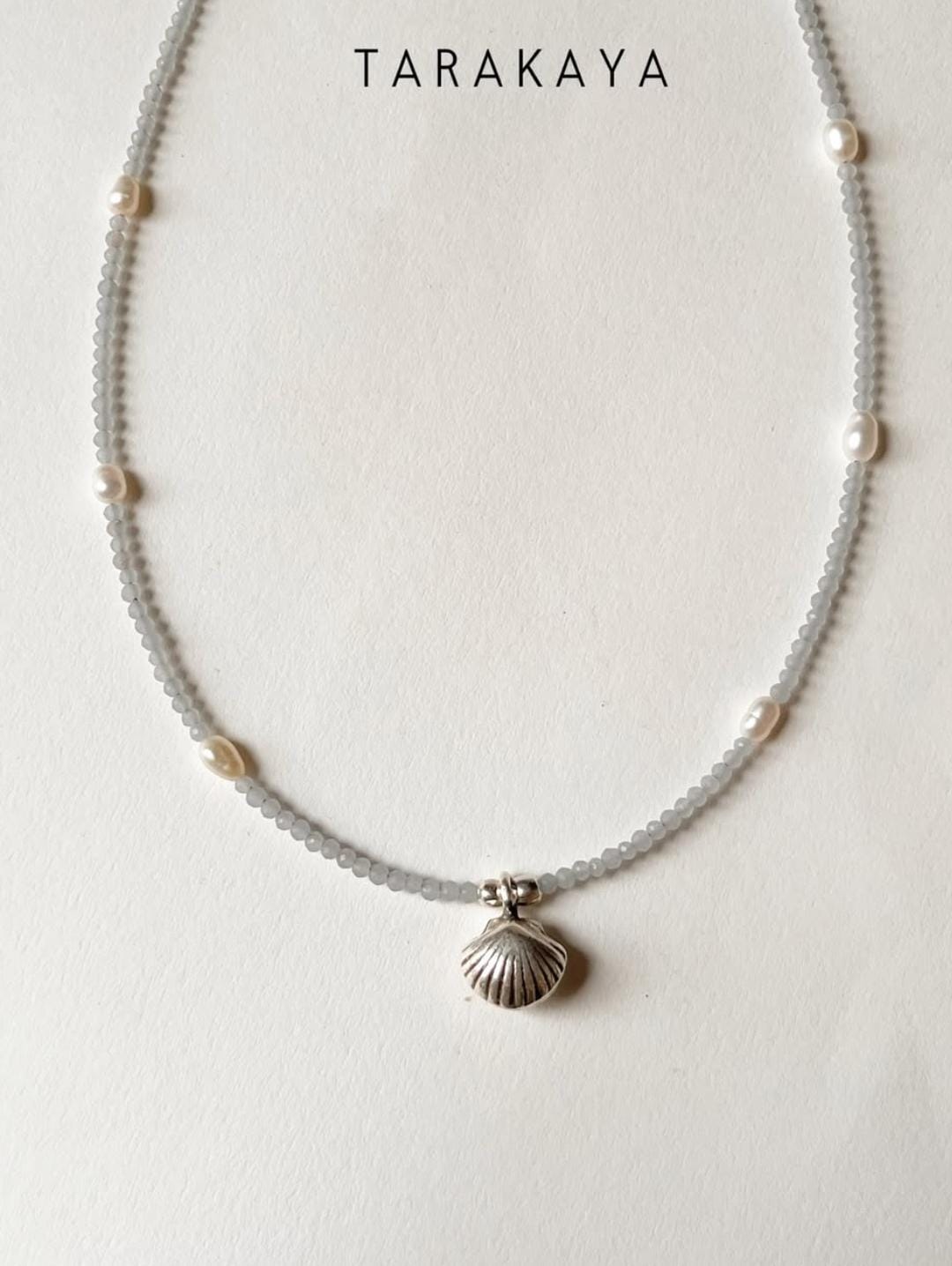 Aquamarine, Fresh Water Pearl & Silver Shell Charm 925 Sterling Silver Choker Necklace