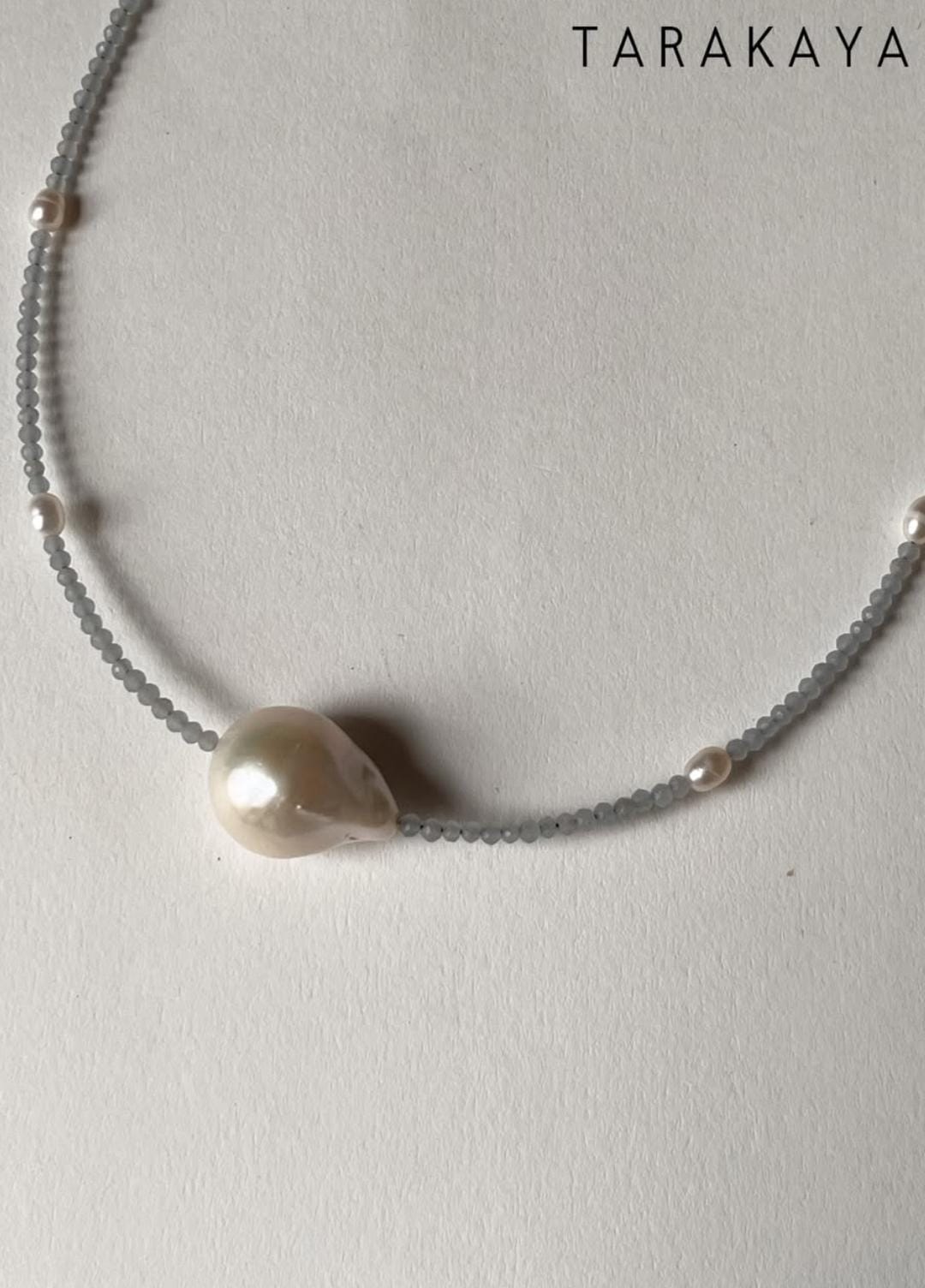 Baroque Pearl , Aquamarine & Fresh Water Pearls 925 Sterling Silver Choker Necklace