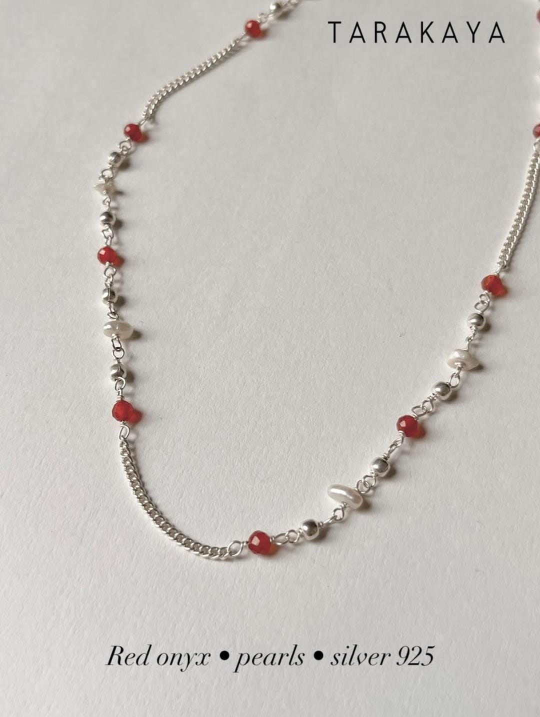 Red Onyx & Pearl Handcrafted 925 Sterling Silver Necklace
