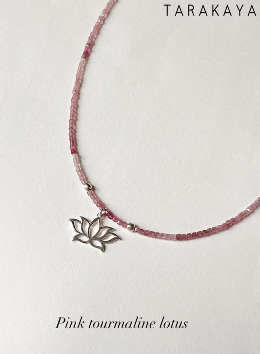 Pink Tourmaline Natural Crystal With Lotus Charm 925 Sterling Silver Choker Necklace
