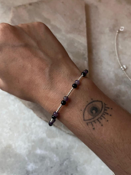 Black Onyx and Amethyst 4mm Beads with 2mm Silver Balls Bracelet  