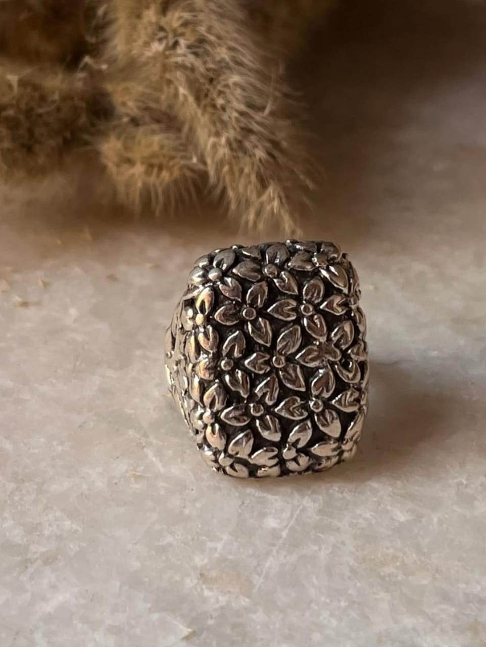 Unique Floral Design Rectangle Signet Ring Sterling Silver