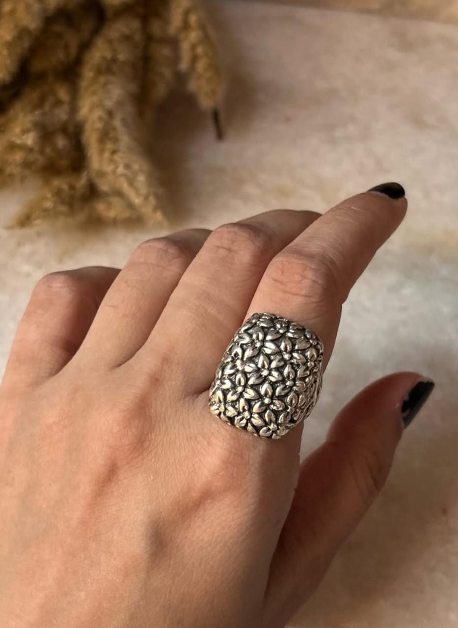 Handcrafted Sterling Silver Floral Rectangle Signet Ring  