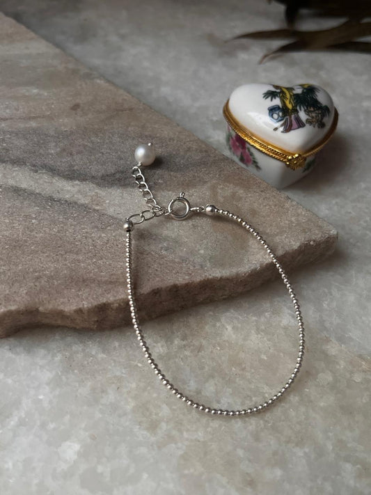 Plain Silver 2mm Beads with Freshwater Pearl Handcrafted 925 Sterling Silver Bracelet  