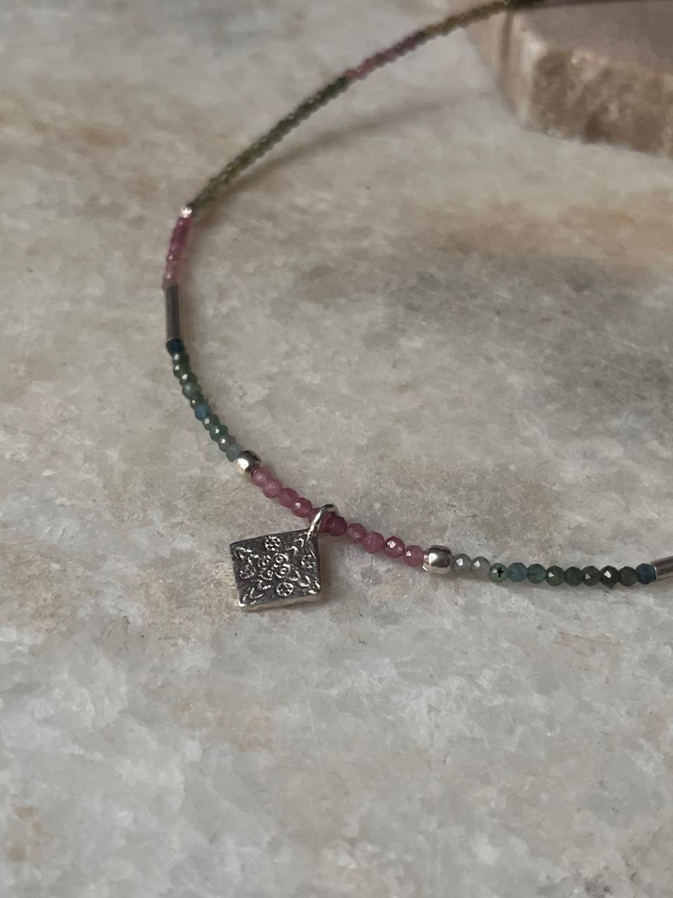 Tribal silver choker necklace with multi color tourmaline gemstones