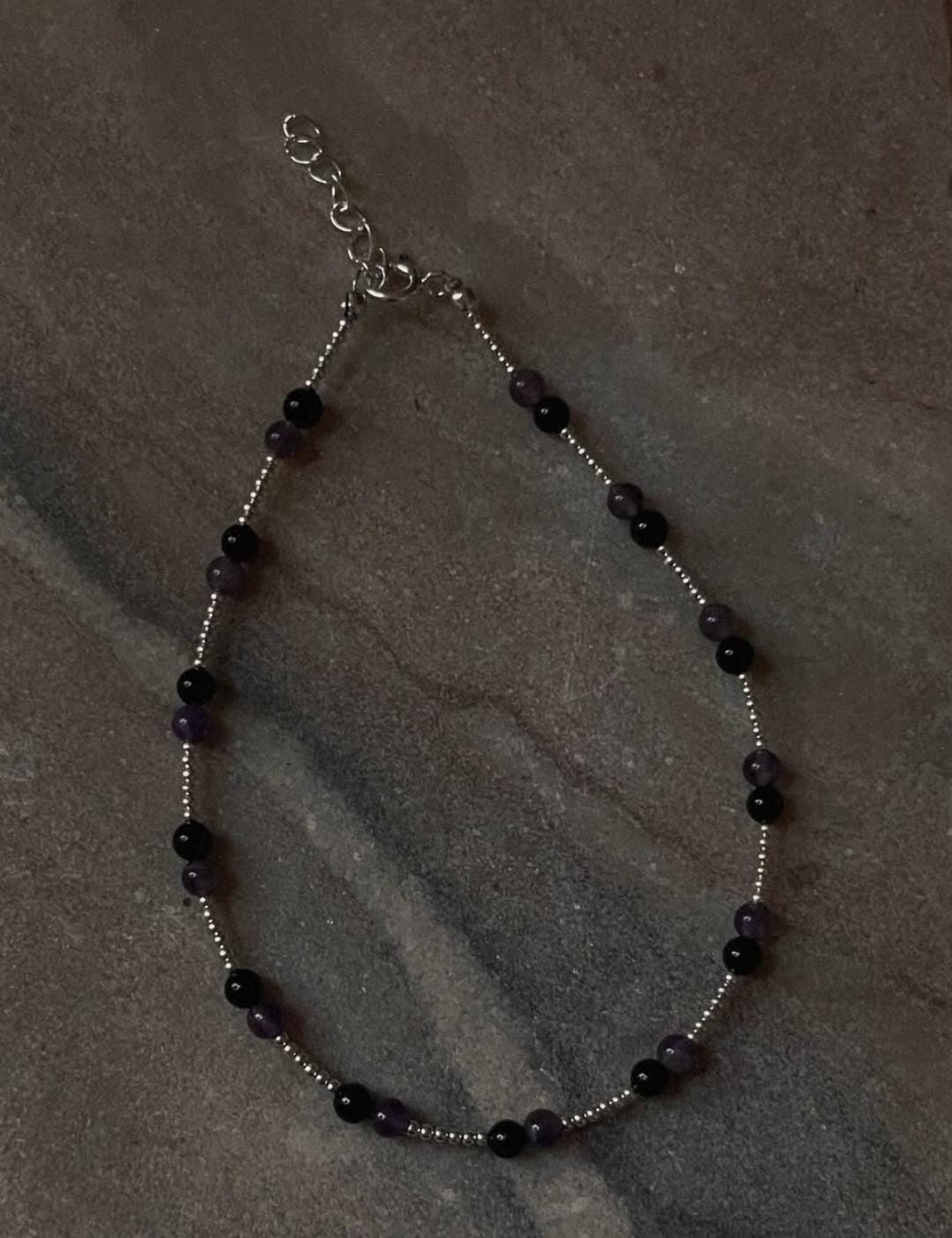 Black Onyx and Amethyst Beaded Anklet with Sterling Silver Accents