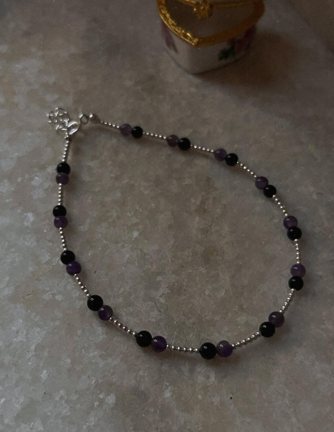 Healing Crystal Anklet with Onyx, Amethyst, and 925 Silver Beads