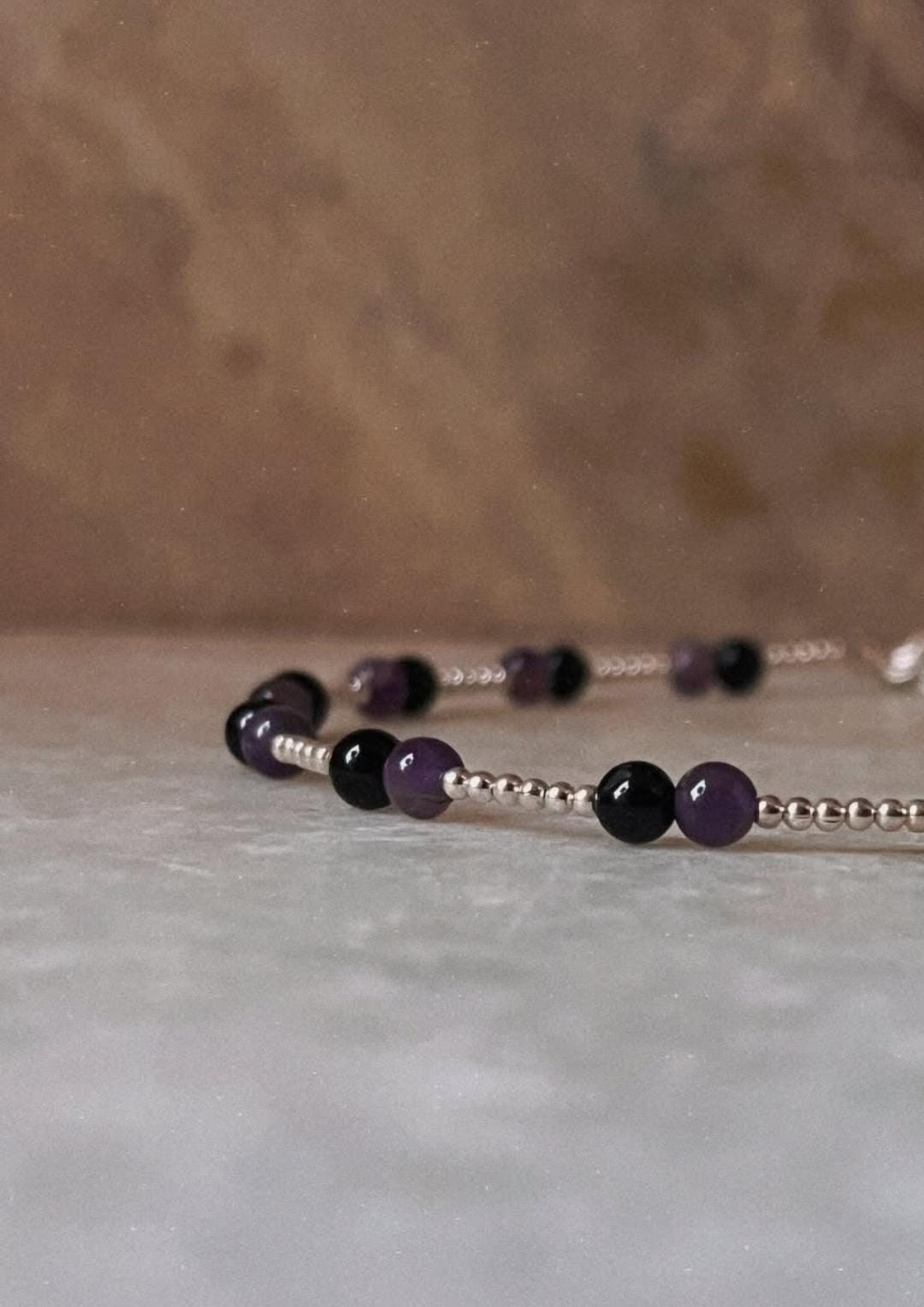 Natural Amethyst and Black Onyx Beaded Anklet with Silver Balls  