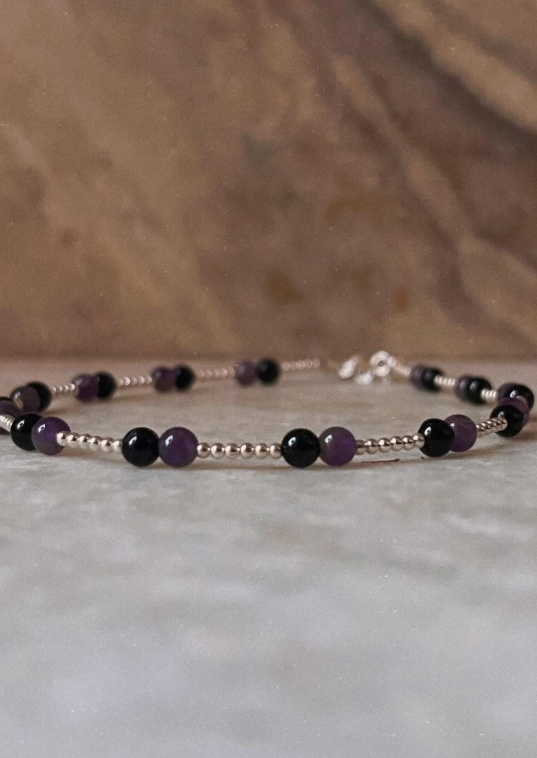 Dainty 925 Silver Anklet with Black Onyx and Amethyst Stones  