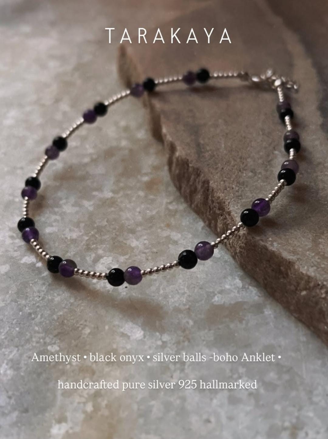Black Onyx and Amethyst 4mm Beads with 2mm Silver Balls Anklet  
