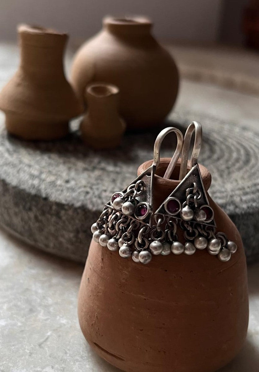Bohemian Oxidized Teekona Ghungroo Bugadi Silver Earrings  