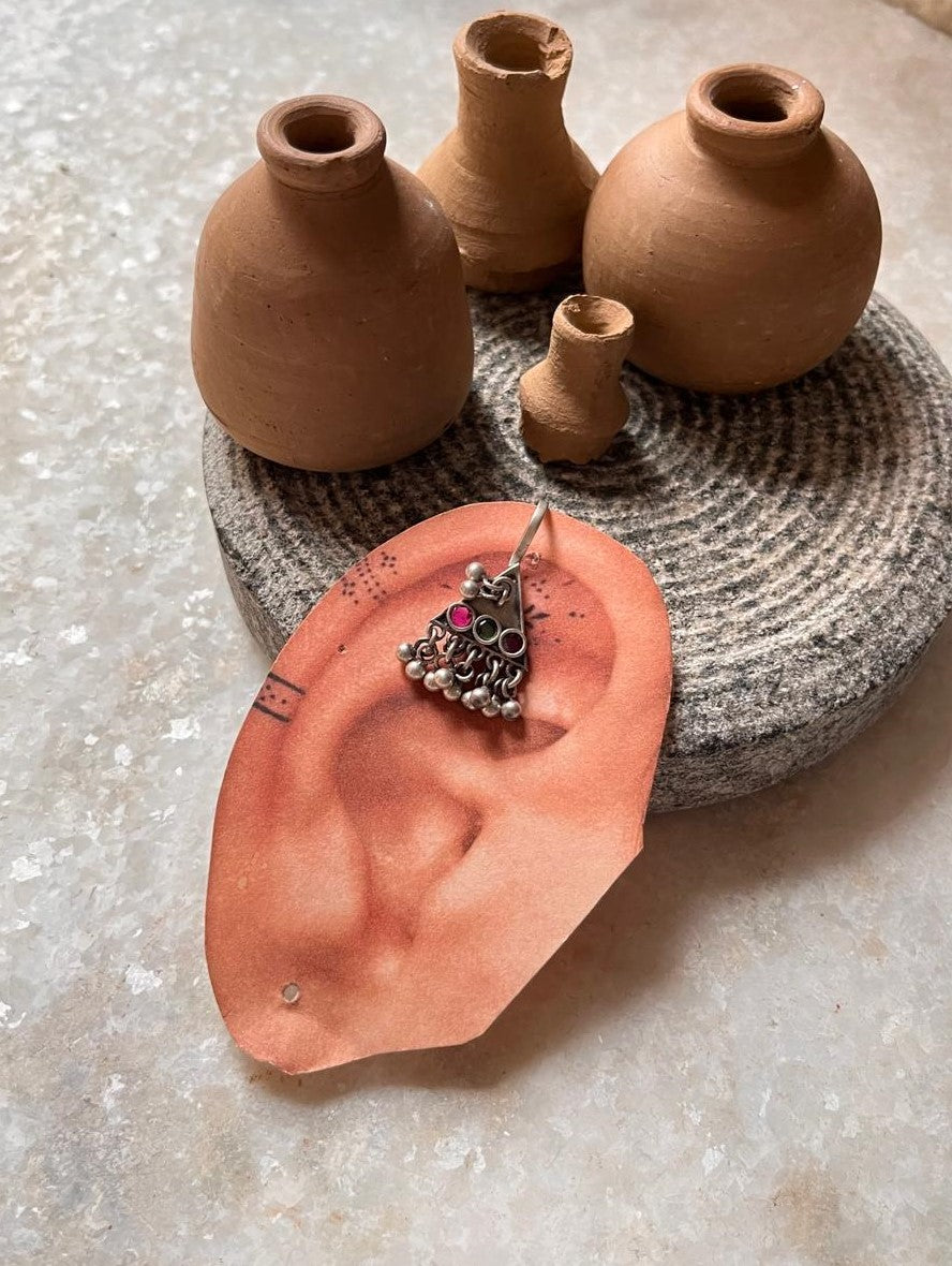 Antique Teekona Style Silver Bugadi Ghungroo Ear Cuff Earrings  