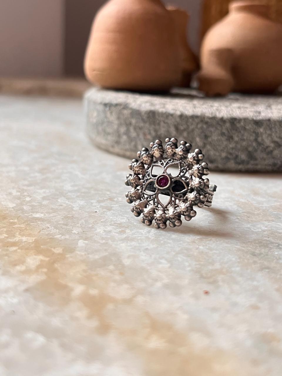 Ethnic Mandala Flower Design Kundan Sterling Silver Ring  