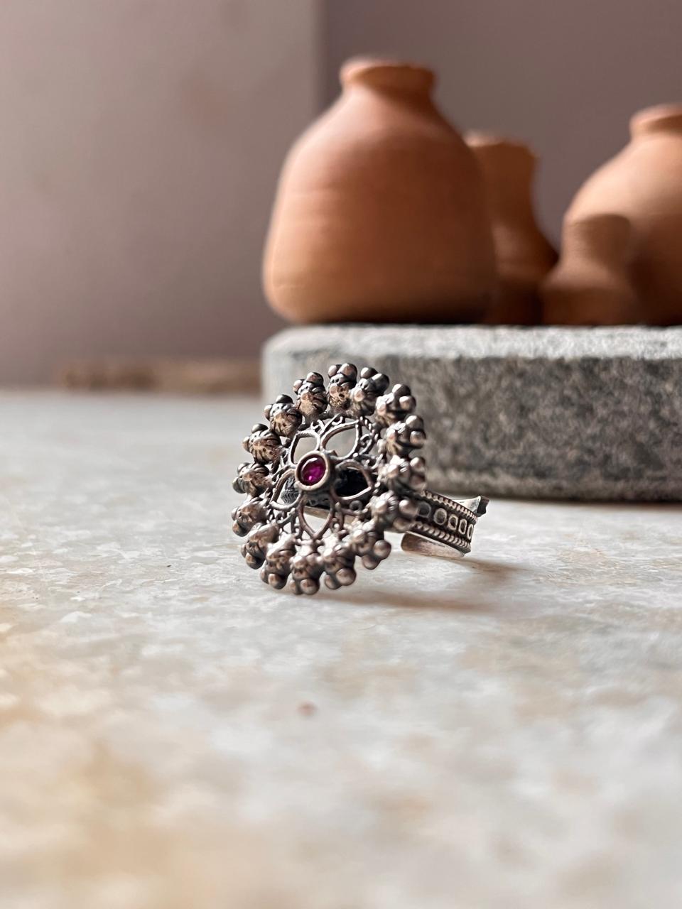 Artistic Mandala Flower Kundan Ring Handmade in 925 Silver