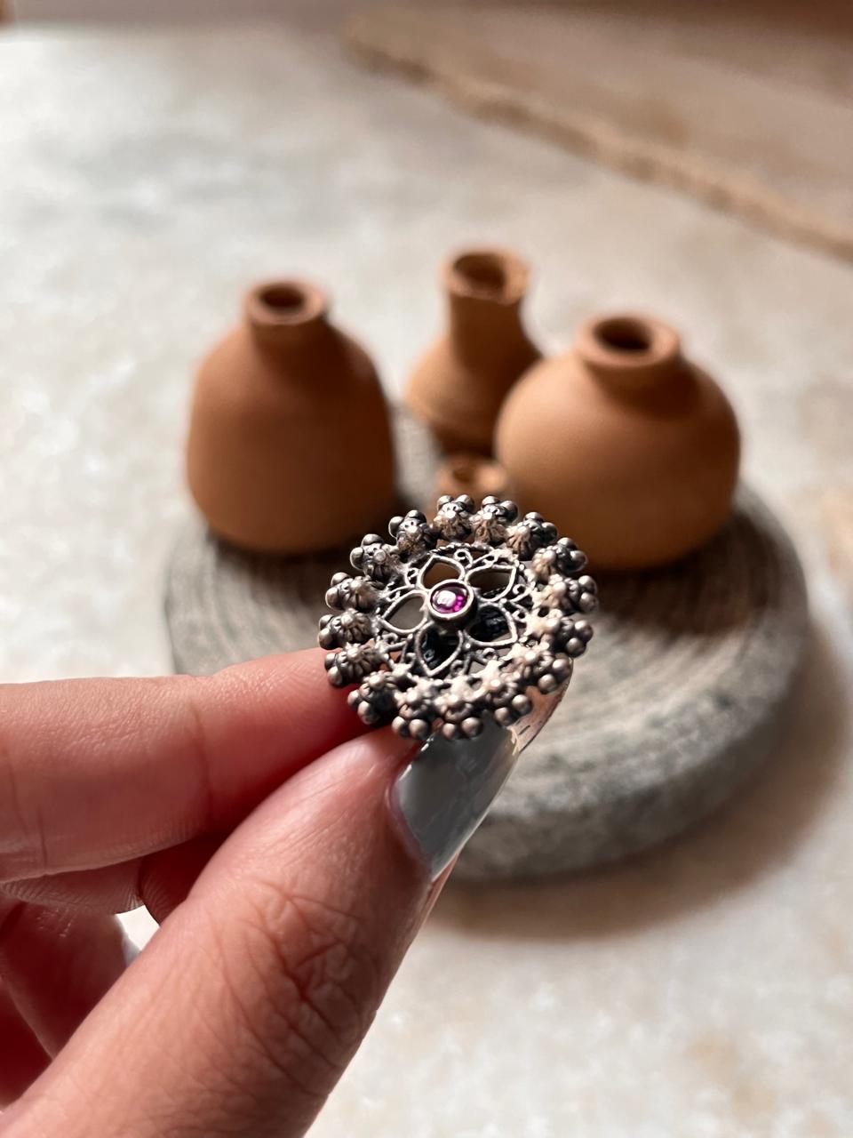 Traditional Kundan Mandala Flower Ring in Sterling Silver