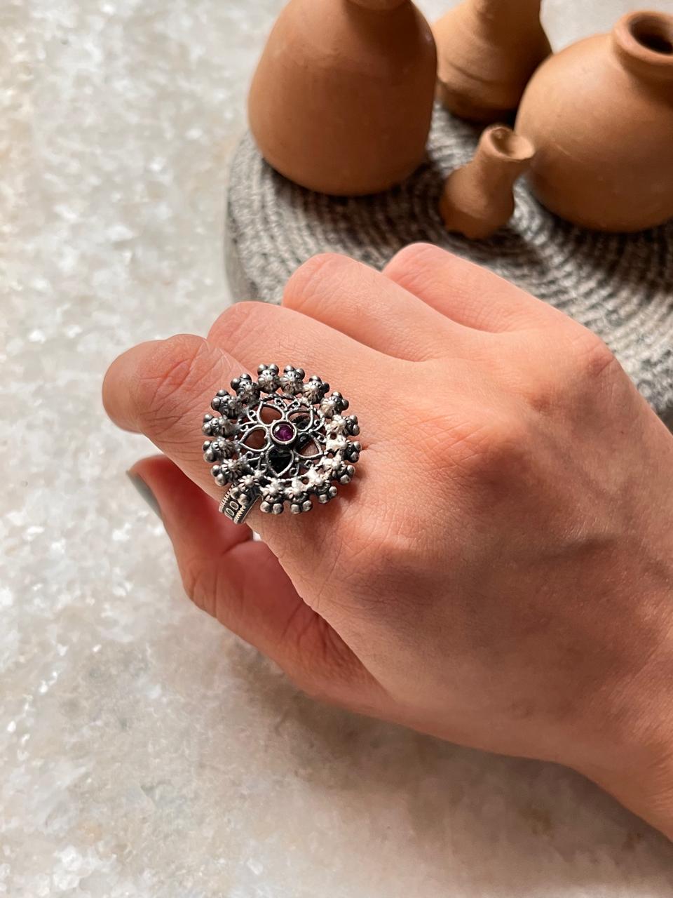 Bohemian Antique Mandala Kundan 925 Silver Jewelry Ring  